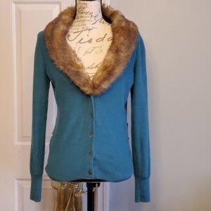 CAbi Teal Cardigan with Faux Fur Collar